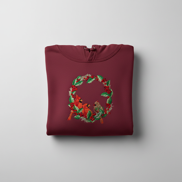 Cardinal Wreath — Premium Embroidered Collection | Hoodie • Sweatshirt • Jute Tote | Original EmbroMania Design
