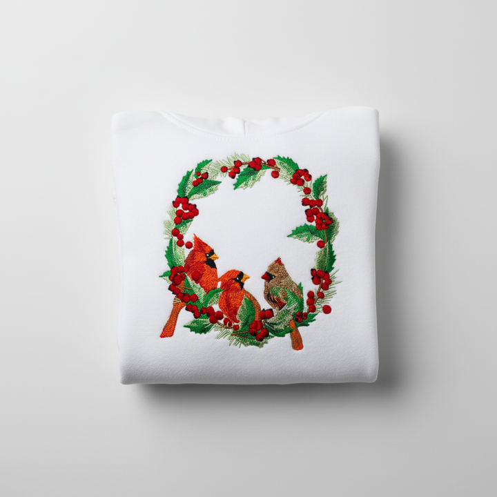 Cardinal Wreath — Premium Embroidered Collection | Hoodie • Sweatshirt • Jute Tote | Original EmbroMania Design