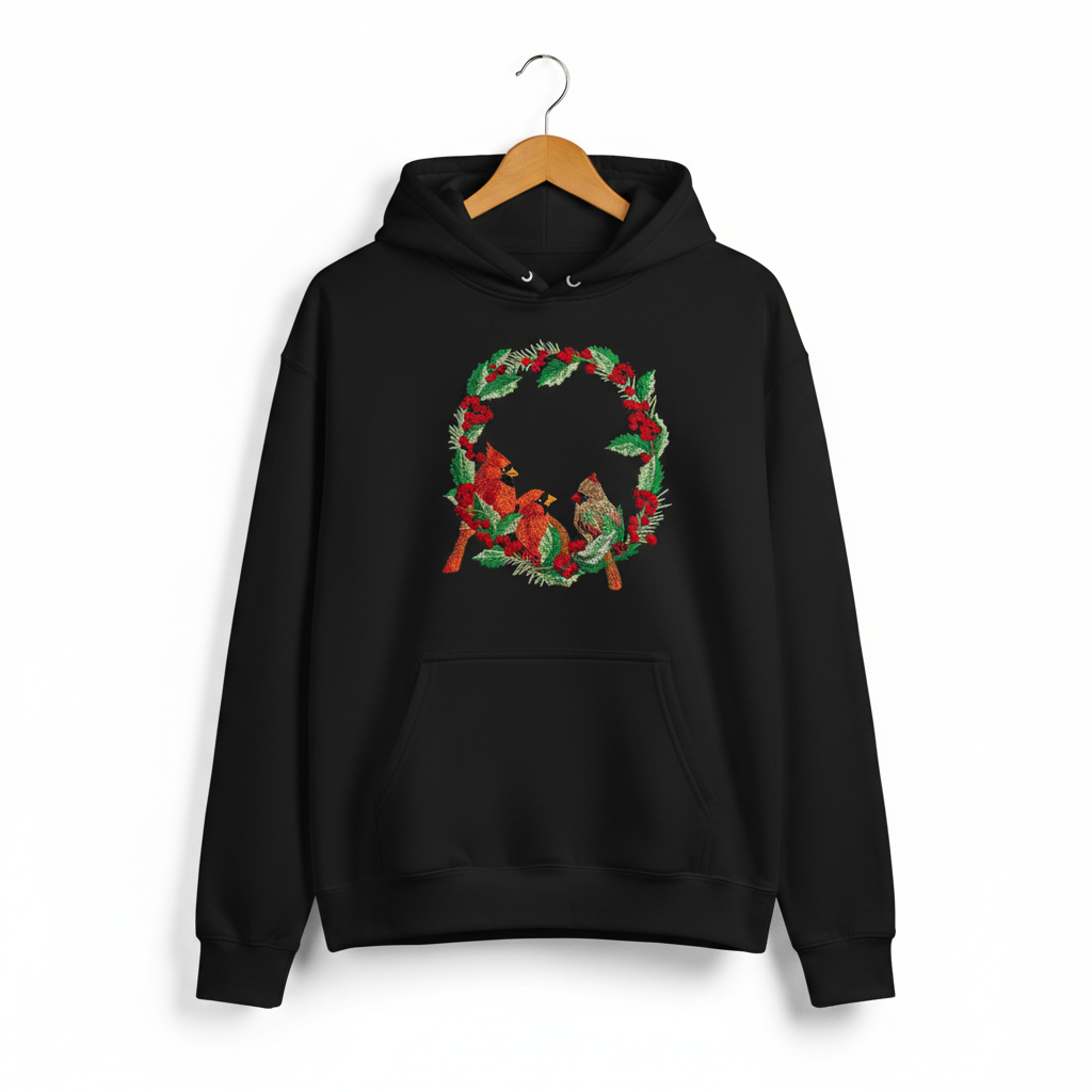 Cardinal Wreath — Premium Embroidered Collection | Hoodie • Sweatshirt • Jute Tote | Original EmbroMania Design