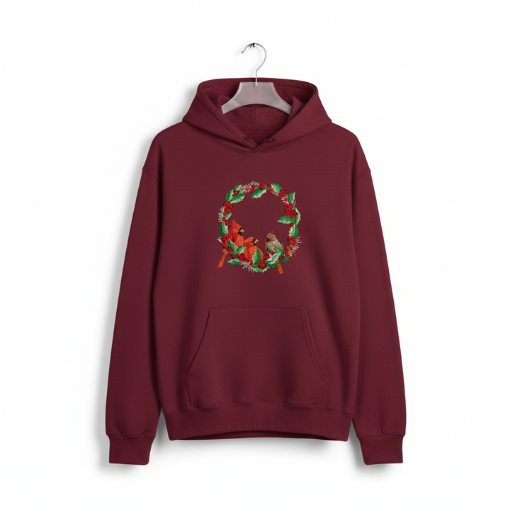 Cardinal Wreath — Premium Embroidered Collection | Hoodie • Sweatshirt • Jute Tote | Original EmbroMania Design