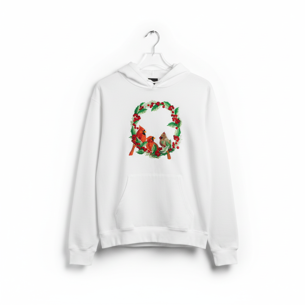 Cardinal Wreath — Premium Embroidered Collection | Hoodie • Sweatshirt • Jute Tote | Original EmbroMania Design