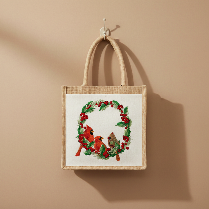 Cardinal Wreath — Premium Embroidered Collection | Hoodie • Sweatshirt • Jute Tote | Original EmbroMania Design