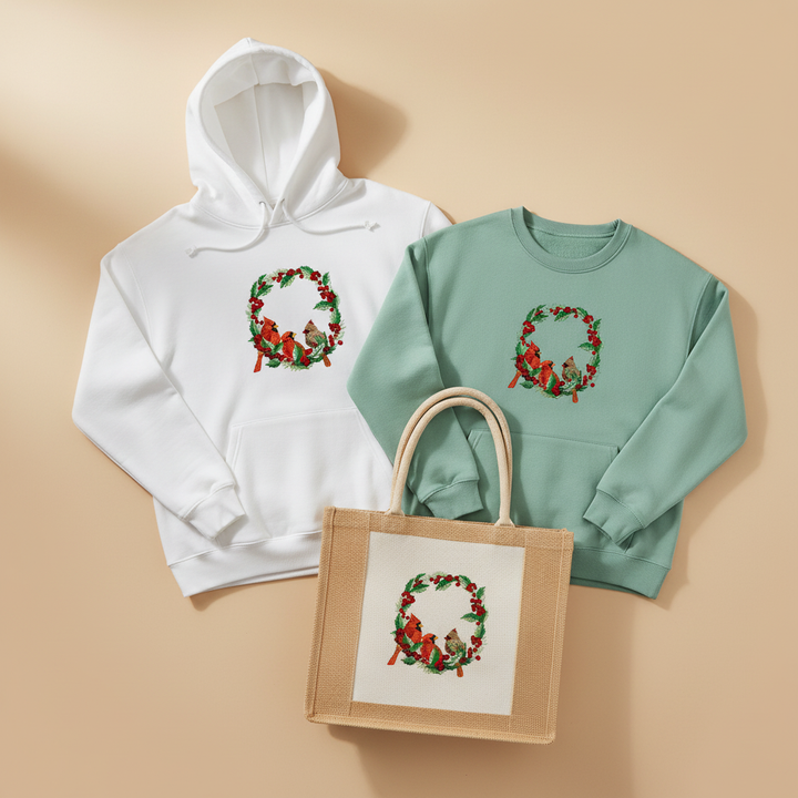 Cardinal Wreath — Premium Embroidered Collection | Hoodie • Sweatshirt • Jute Tote | Original EmbroMania Design