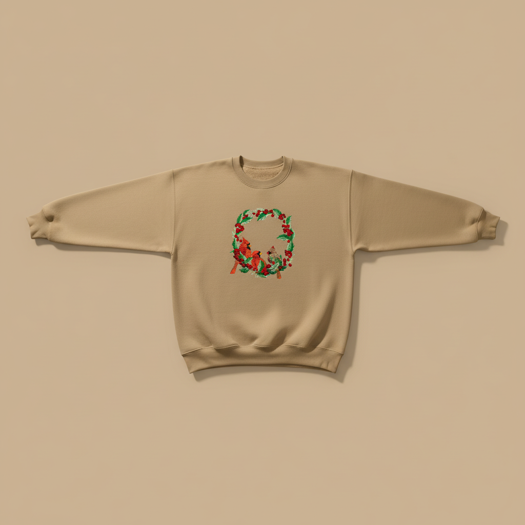 Cardinal Wreath — Premium Embroidered Collection | Hoodie • Sweatshirt • Jute Tote | Original EmbroMania Design