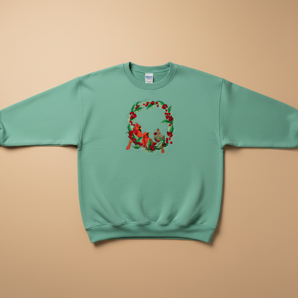 Cardinal Wreath — Premium Embroidered Collection | Hoodie • Sweatshirt • Jute Tote | Original EmbroMania Design