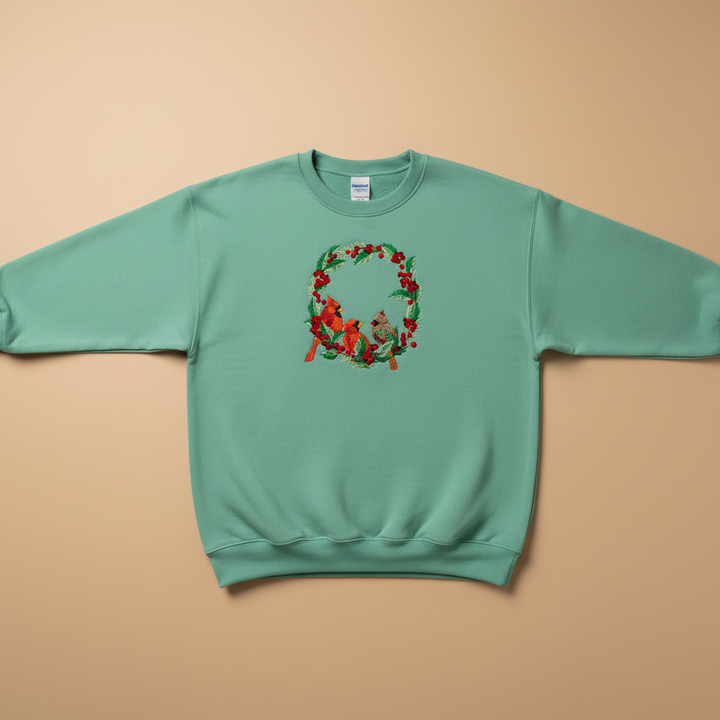 Cardinal Wreath — Premium Embroidered Collection | Hoodie • Sweatshirt • Jute Tote | Original EmbroMania Design