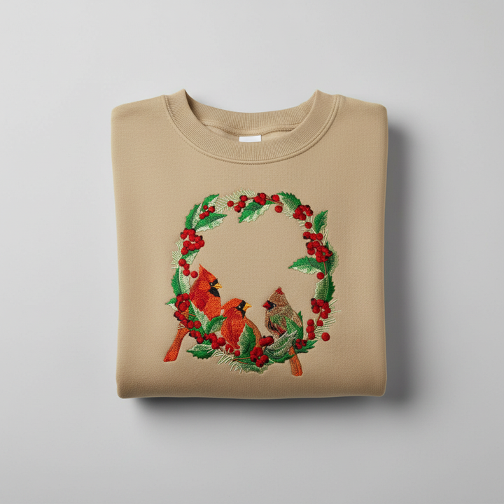 Cardinal Wreath — Premium Embroidered Collection | Hoodie • Sweatshirt • Jute Tote | Original EmbroMania Design