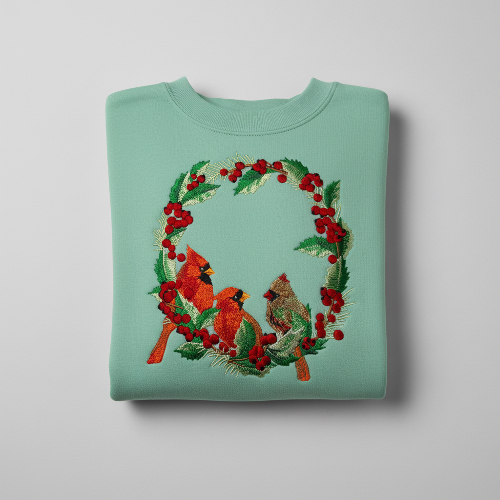 Cardinal Wreath — Premium Embroidered Collection | Hoodie • Sweatshirt • Jute Tote | Original EmbroMania Design