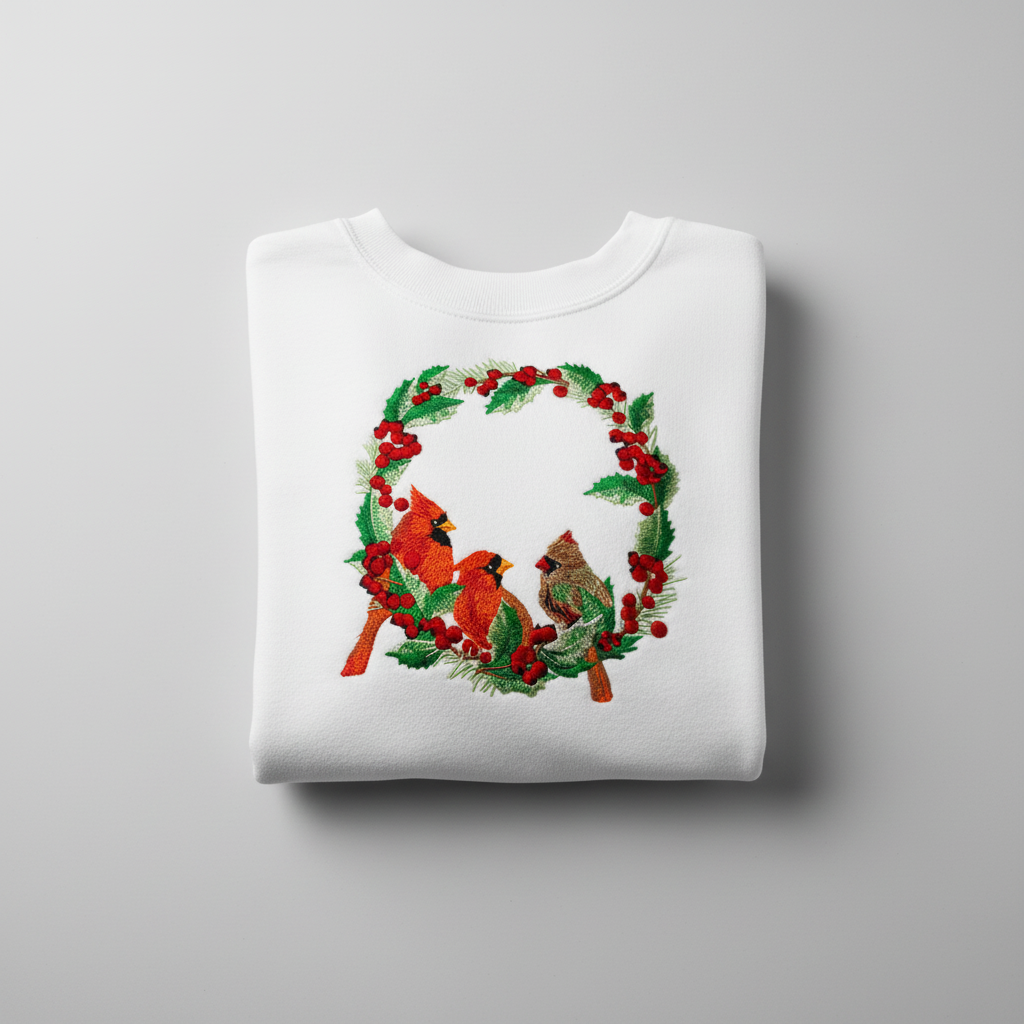 Cardinal Wreath — Premium Embroidered Collection | Hoodie • Sweatshirt • Jute Tote | Original EmbroMania Design