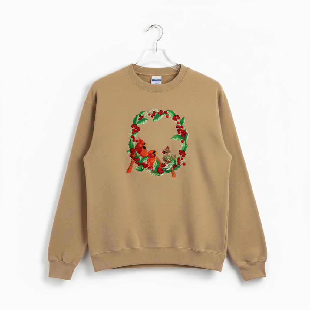 Cardinal Wreath — Premium Embroidered Collection | Hoodie • Sweatshirt • Jute Tote | Original EmbroMania Design