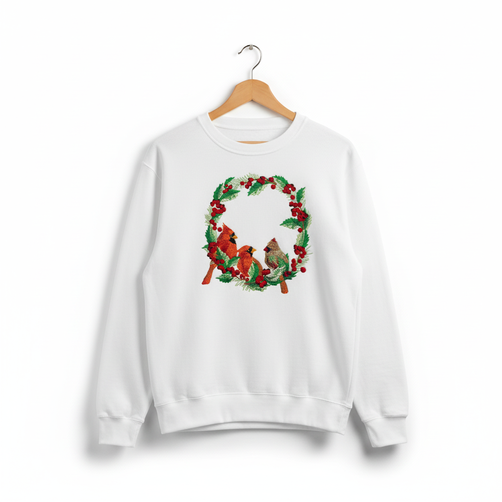 Cardinal Wreath — Premium Embroidered Collection | Hoodie • Sweatshirt • Jute Tote | Original EmbroMania Design