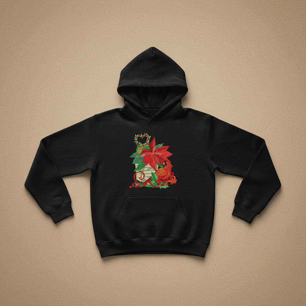 Cardinal &amp; Poinsettia Basket Machine Embroidered Sweatshirt – Hand Finished in Dubai | EmbroMania