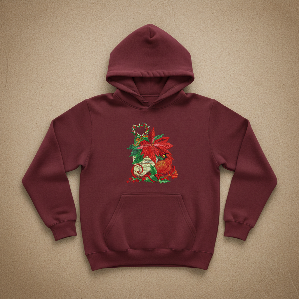 Cardinal &amp; Poinsettia Basket Machine Embroidered Sweatshirt – Hand Finished in Dubai | EmbroMania