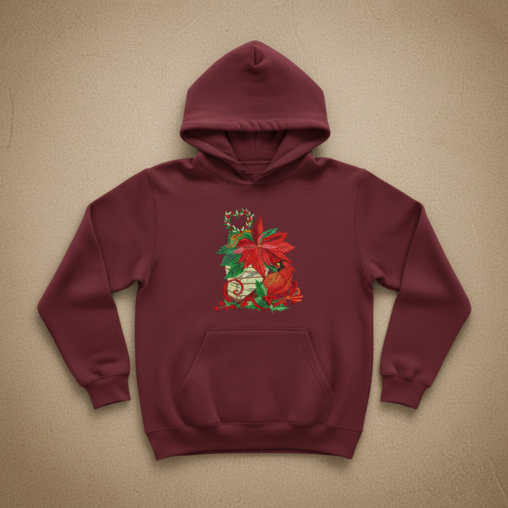 Cardinal &amp; Poinsettia Basket Machine Embroidered Sweatshirt – Hand Finished in Dubai | EmbroMania