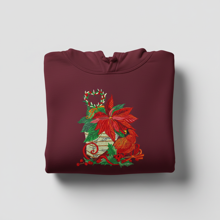 Cardinal &amp; Poinsettia Basket Machine Embroidered Sweatshirt – Hand Finished in Dubai | EmbroMania