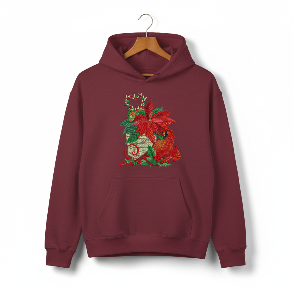 Cardinal &amp; Poinsettia Basket Machine Embroidered Sweatshirt – Hand Finished in Dubai | EmbroMania