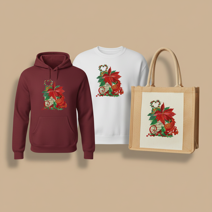 Cardinal &amp; Poinsettia Basket Machine Embroidered Sweatshirt – Hand Finished in Dubai | EmbroMania