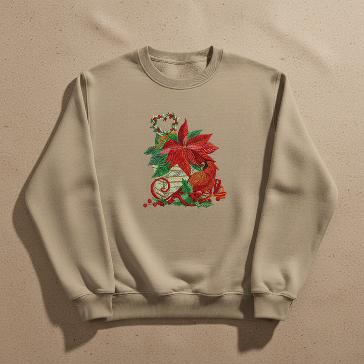 Cardinal &amp; Poinsettia Basket Machine Embroidered Sweatshirt – Hand Finished in Dubai | EmbroMania