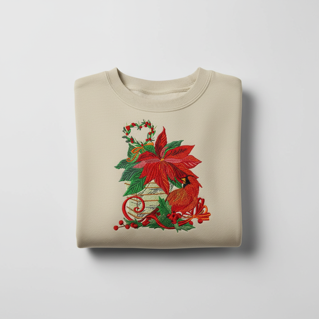 Cardinal &amp; Poinsettia Basket Machine Embroidered Sweatshirt – Hand Finished in Dubai | EmbroMania