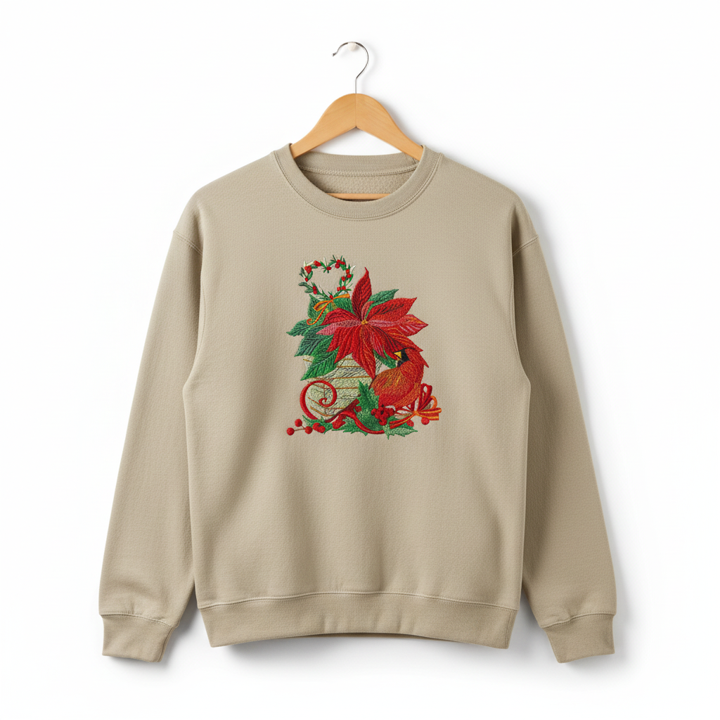 Cardinal &amp; Poinsettia Basket Machine Embroidered Sweatshirt – Hand Finished in Dubai | EmbroMania