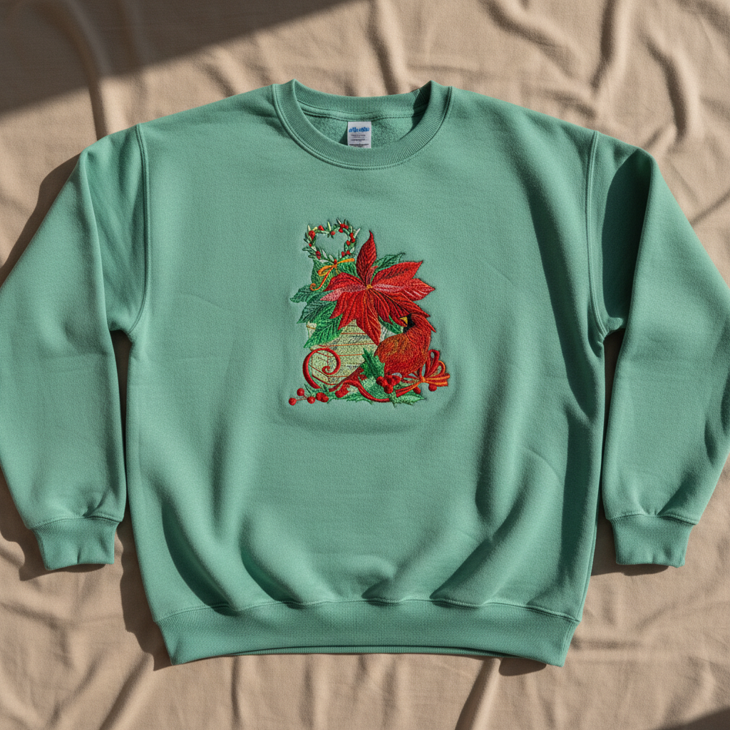 Cardinal &amp; Poinsettia Basket Machine Embroidered Sweatshirt – Hand Finished in Dubai | EmbroMania