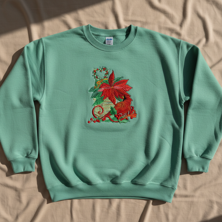Cardinal &amp; Poinsettia Basket Machine Embroidered Sweatshirt – Hand Finished in Dubai | EmbroMania