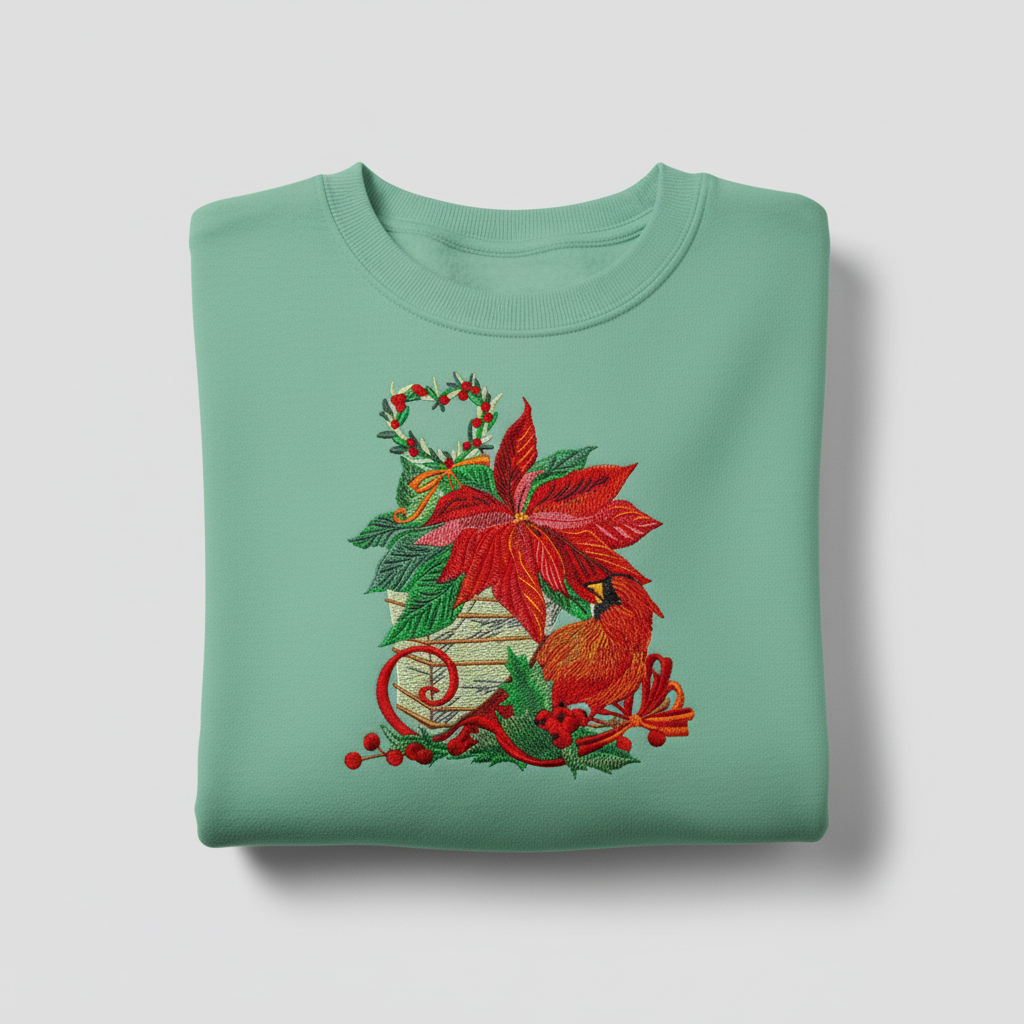 Cardinal &amp; Poinsettia Basket Machine Embroidered Sweatshirt – Hand Finished in Dubai | EmbroMania