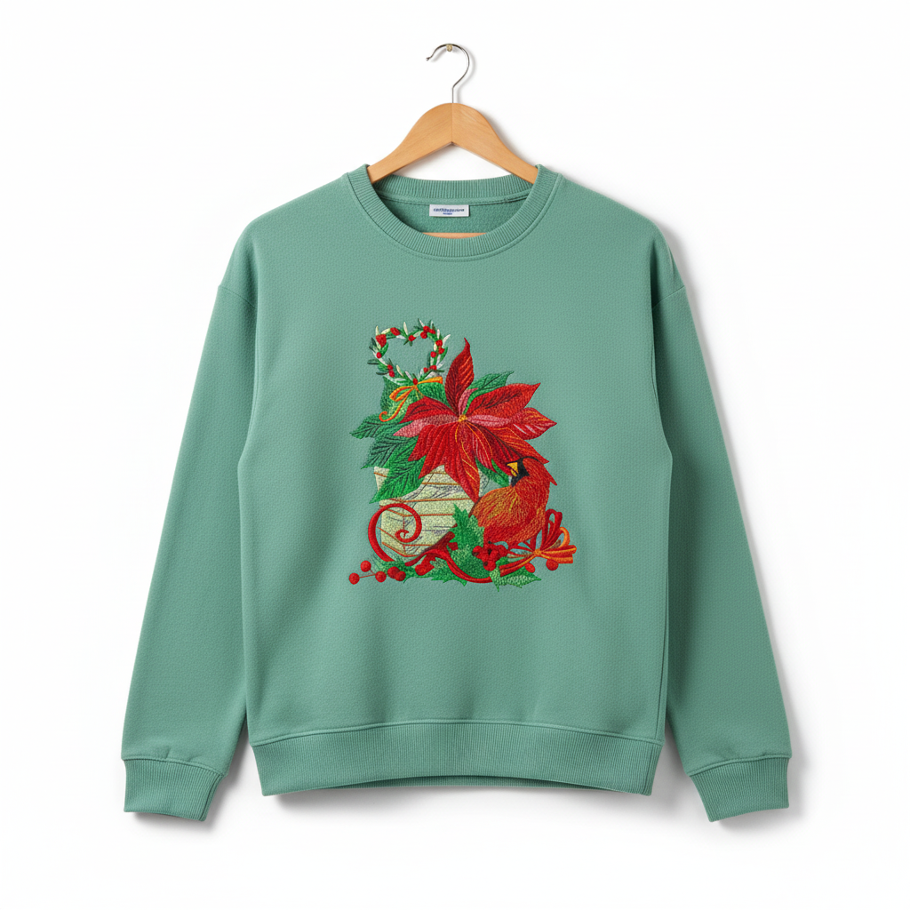 Cardinal &amp; Poinsettia Basket Machine Embroidered Sweatshirt – Hand Finished in Dubai | EmbroMania