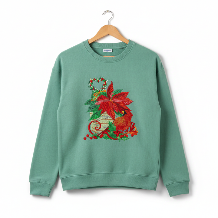 Cardinal &amp; Poinsettia Basket Machine Embroidered Sweatshirt – Hand Finished in Dubai | EmbroMania