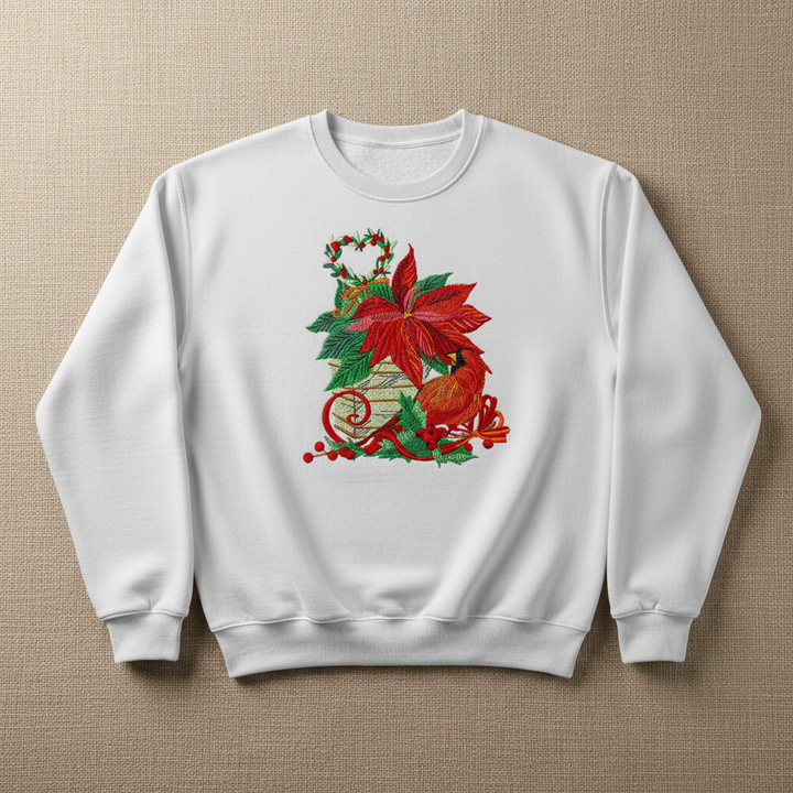 Cardinal &amp; Poinsettia Basket Machine Embroidered Sweatshirt – Hand Finished in Dubai | EmbroMania
