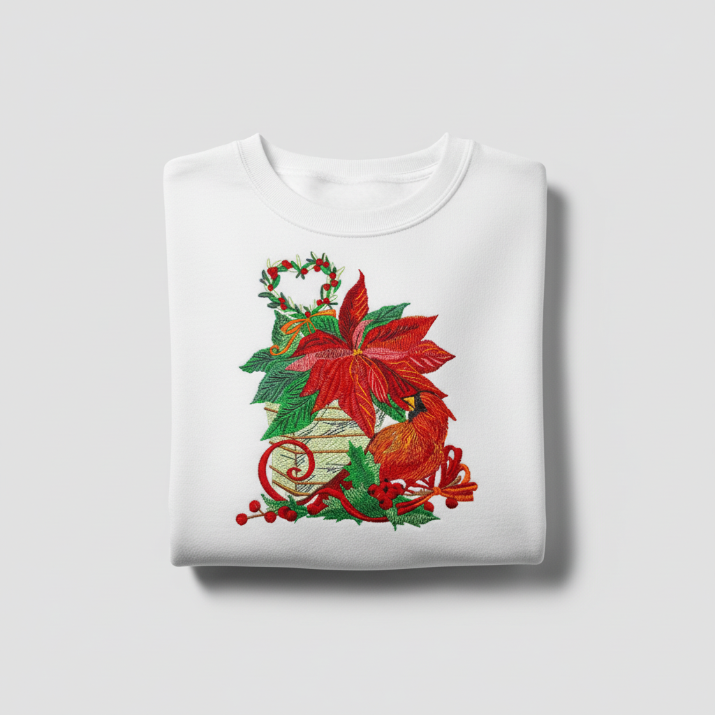Cardinal &amp; Poinsettia Basket Machine Embroidered Sweatshirt – Hand Finished in Dubai | EmbroMania
