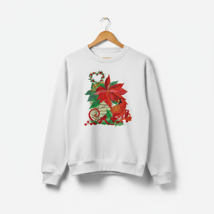 Cardinal &amp; Poinsettia Basket Machine Embroidered Sweatshirt – Hand Finished in Dubai | EmbroMania