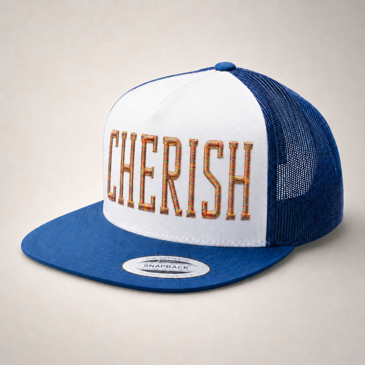 Blue and white trucker hat with &