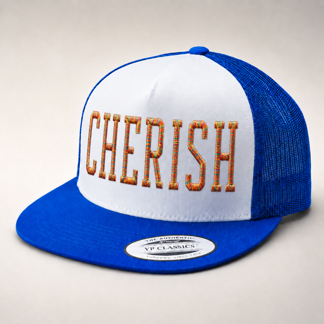 Blue and white cap with &