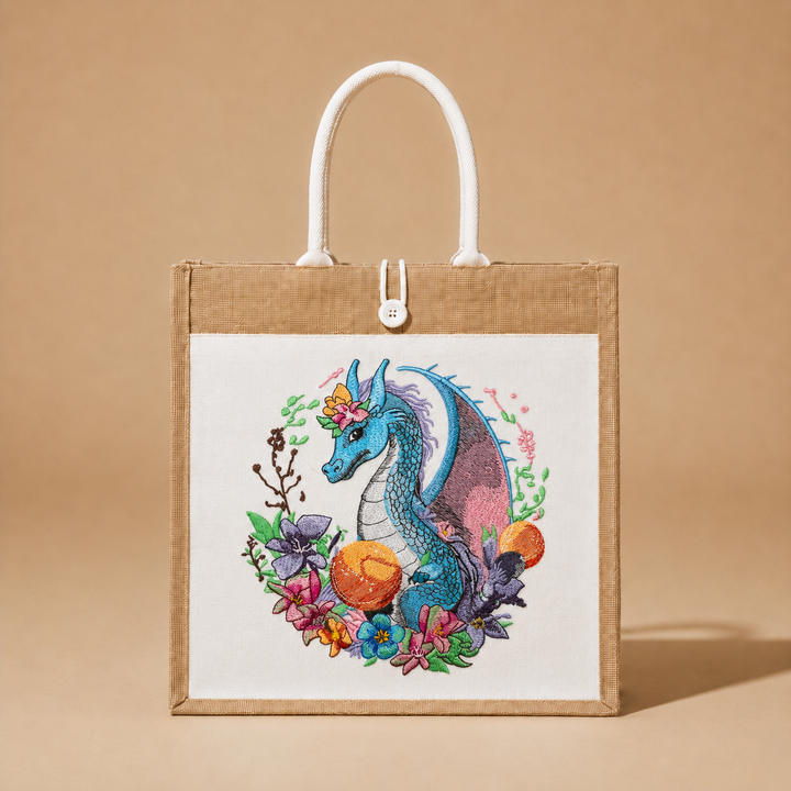 Tote bag with a colorful dragon design on a beige background