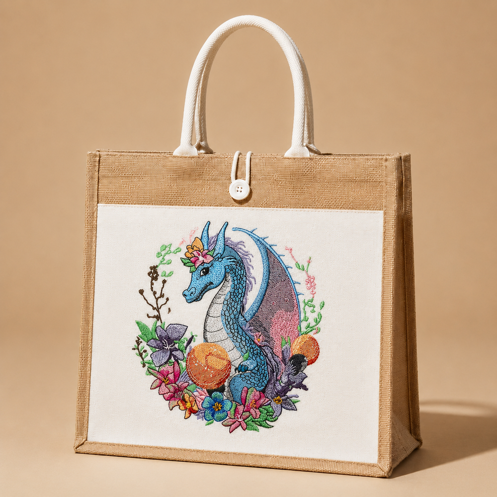 Jute bag with a colorful dragon design on a beige background