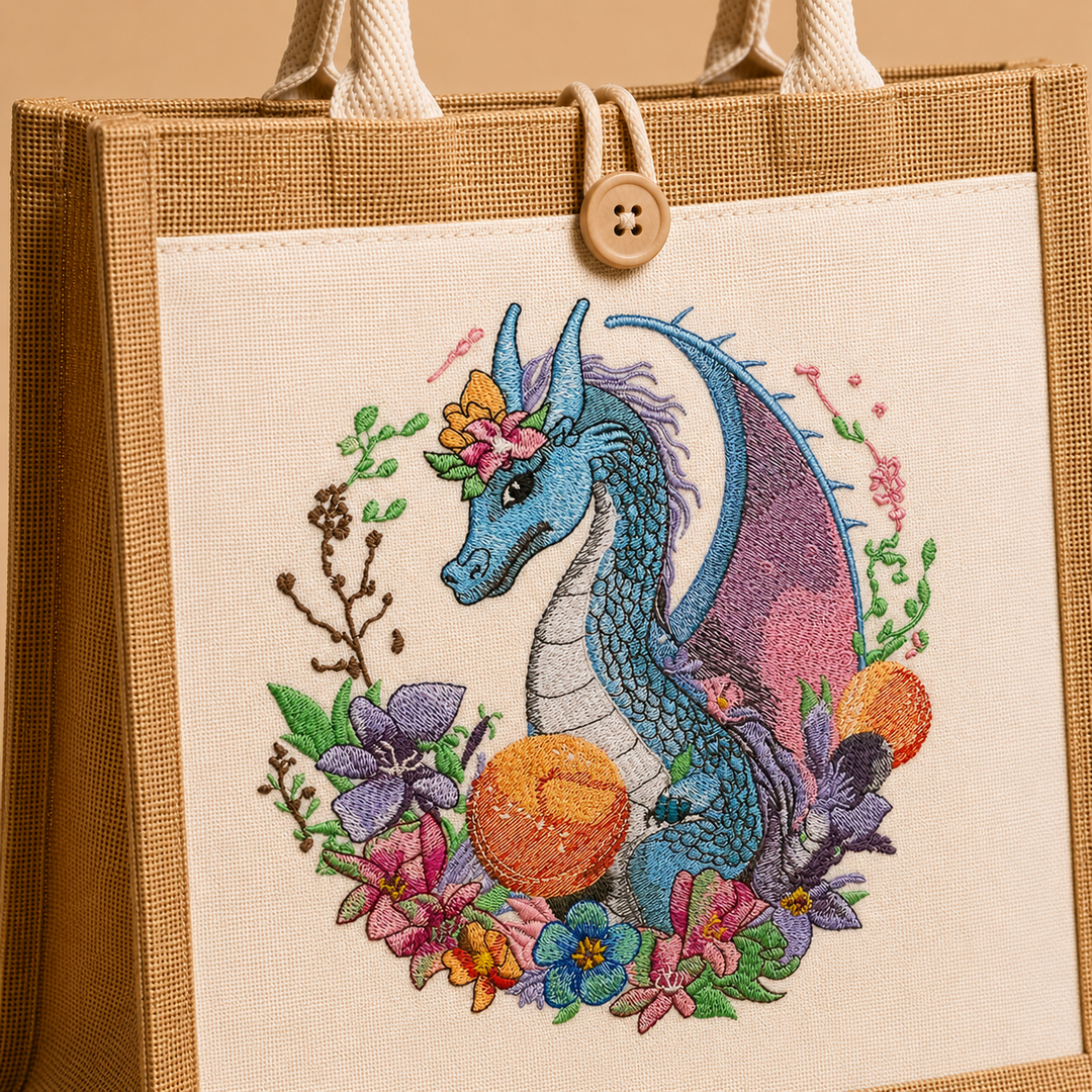 Embroidered tote bag with a colorful dragon design on a beige background