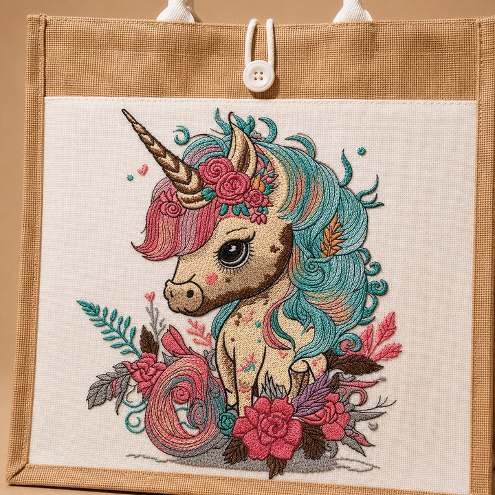 Embroidered unicorn with colorful hair and flowers on a beige background