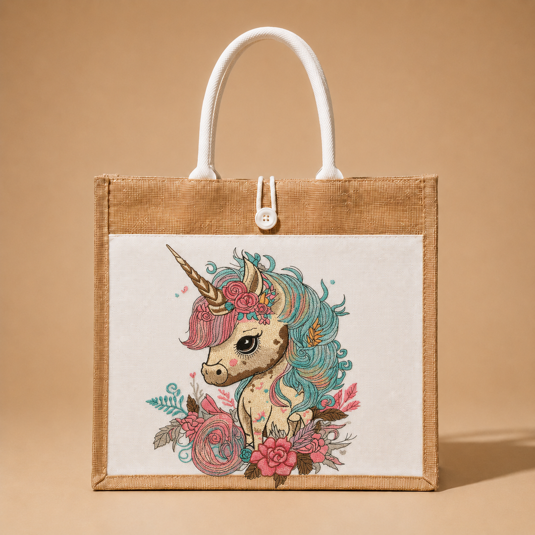 Tote bag with a unicorn design on a beige background
