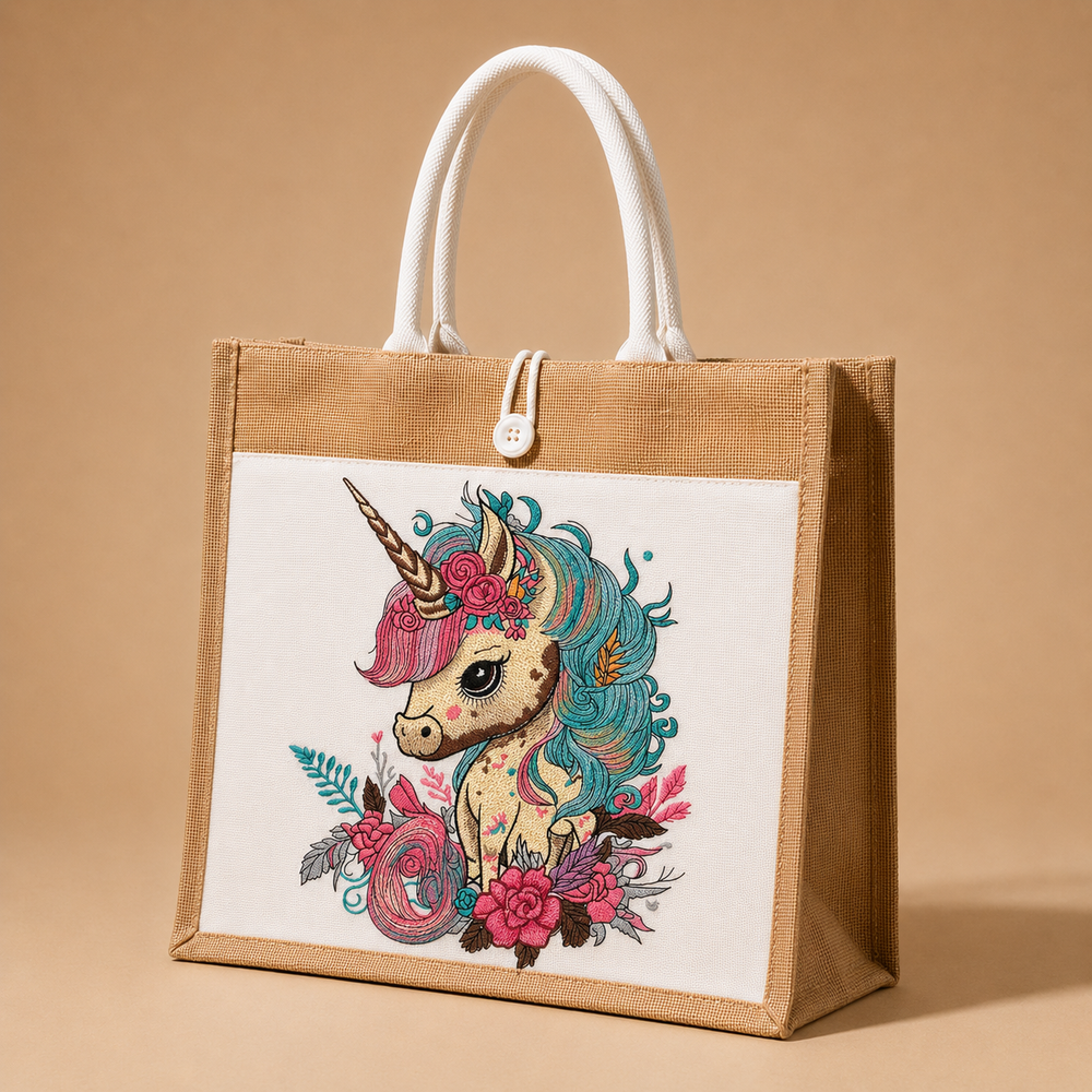 Jute bag with a colorful unicorn design on a beige background