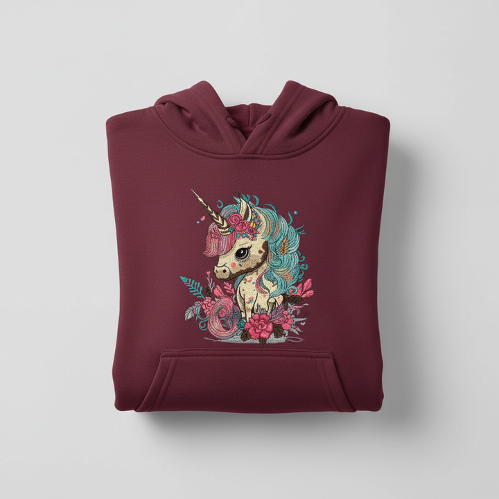 Celestial Unicorn Floral — Premium Embroidered Hoodie | Original EmbroMania Design