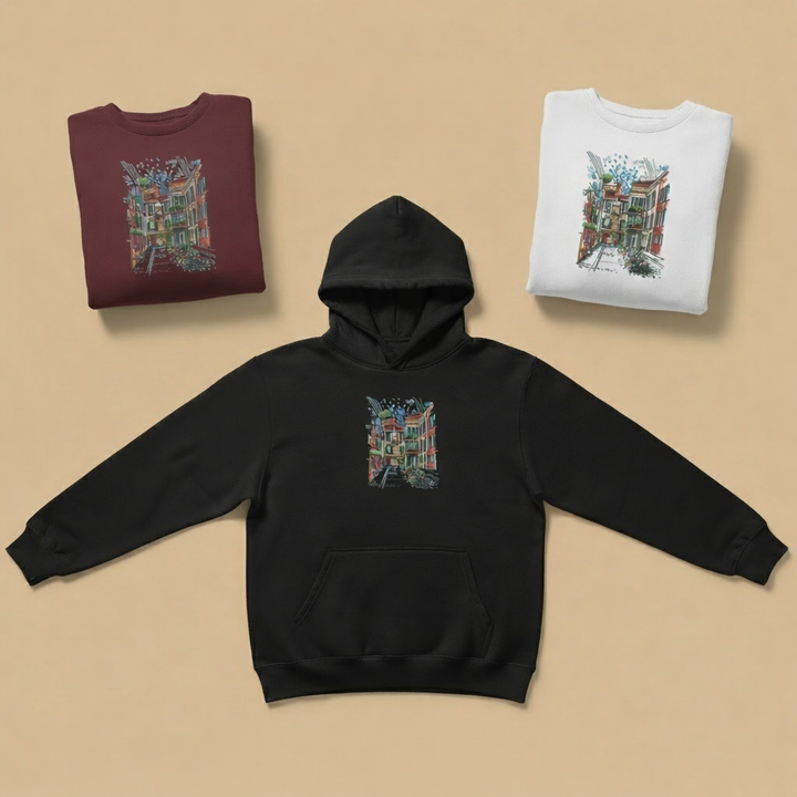 Urban Alley Sketch — Premium Embroidered Hoodie | Original EmbroMania Design