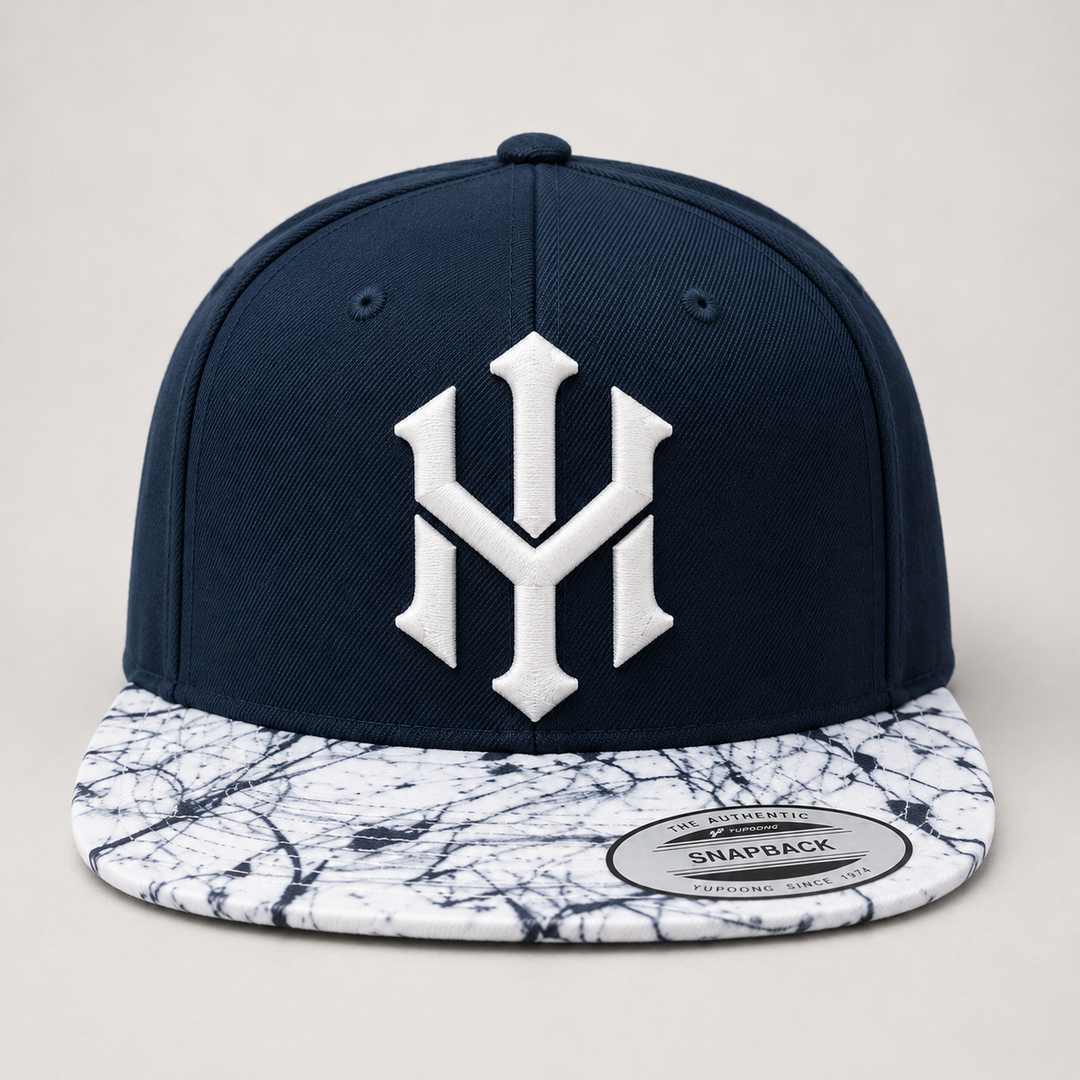 🌊🤍 Midnight Marble – Crownlock YM Monogram · White 3D puff · Navy Crown &amp; Marble Brim Snapback · Hand Finished in Dubai | EmbroMania