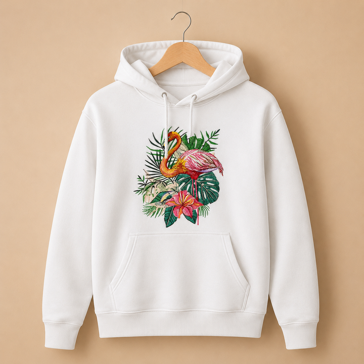 Flamingo Duo Machine Embroidered Hoodie – Hand Finished in Dubai | EmbroMania