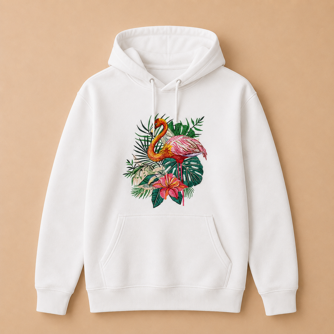 Flamingo Duo Machine Embroidered Hoodie – Hand Finished in Dubai | EmbroMania