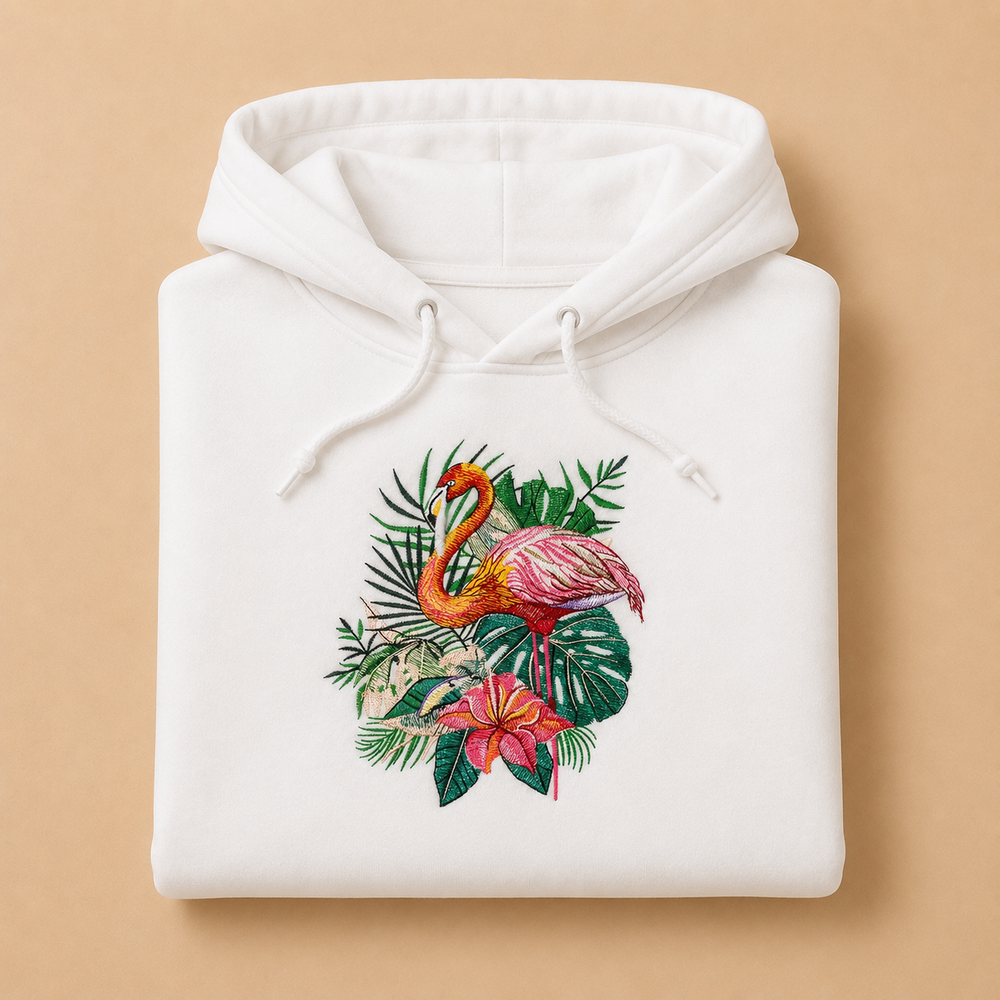 Flamingo Duo Machine Embroidered Hoodie – Hand Finished in Dubai | EmbroMania