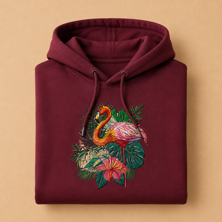 Flamingo Duo Machine Embroidered Hoodie – Hand Finished in Dubai | EmbroMania