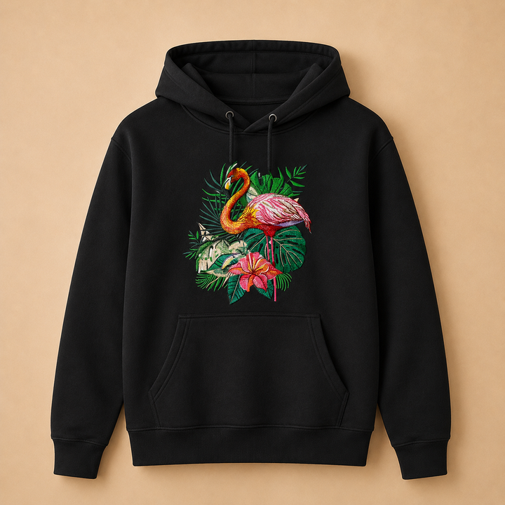 Flamingo Duo Machine Embroidered Hoodie – Hand Finished in Dubai | EmbroMania