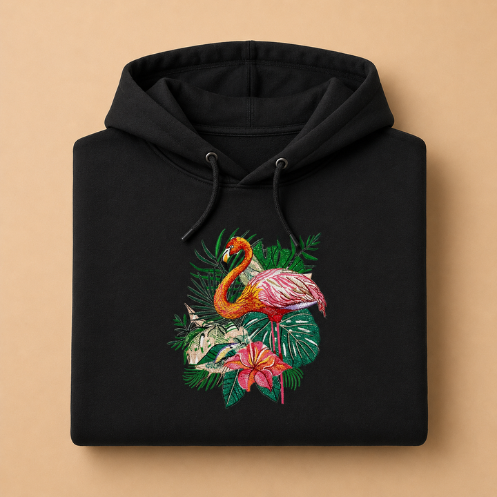 Flamingo Duo Machine Embroidered Hoodie – Hand Finished in Dubai | EmbroMania