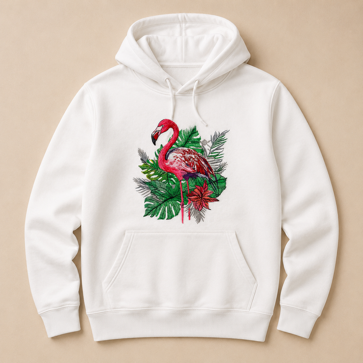 Flamingo Botanica Machine Embroidered Hoodie – Hand Finished in Dubai | EmbroMania